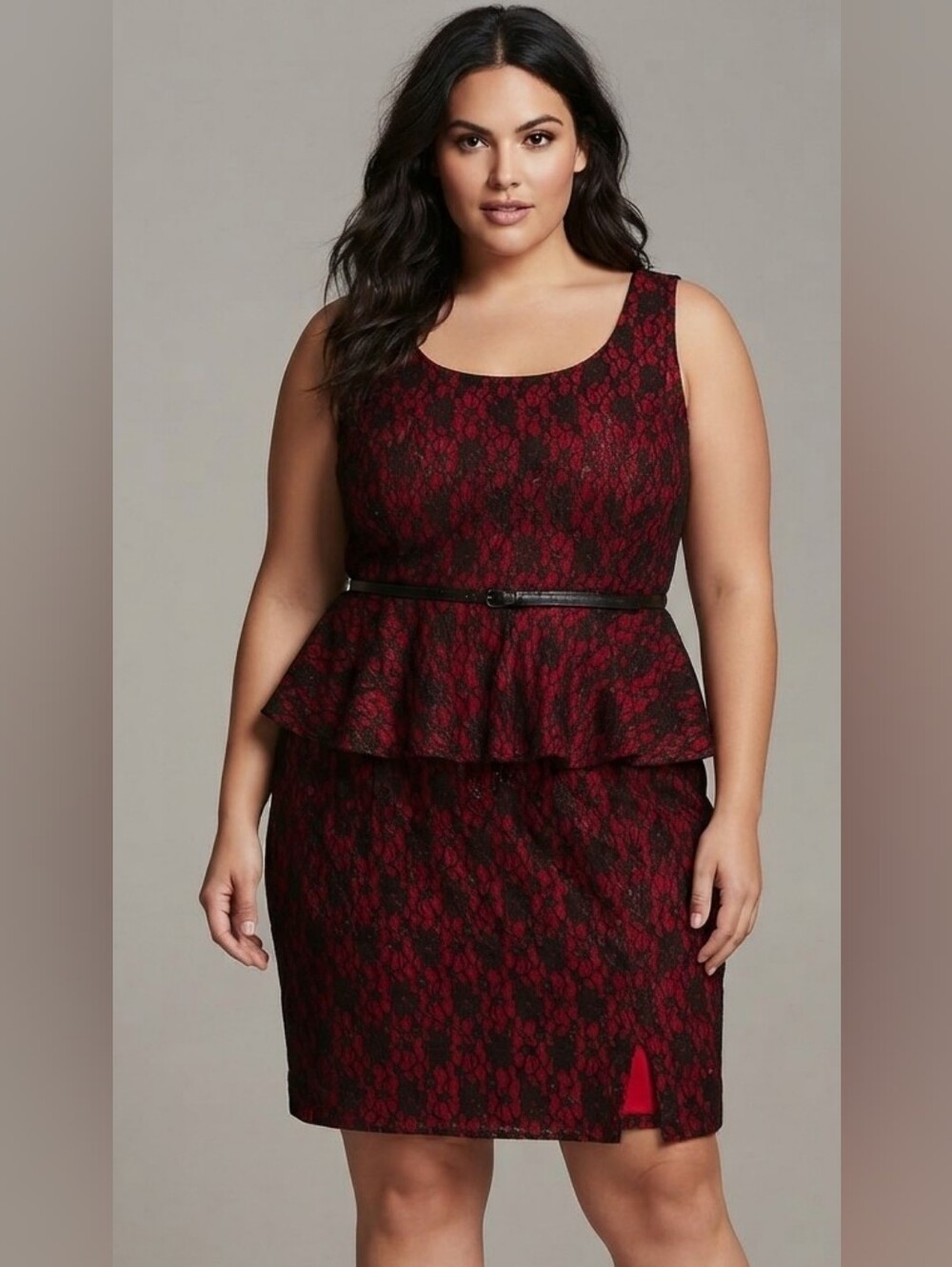 NWT Torrid Rebel Wilson Red Black Lace Peplum Dress Size 20 Faux Leather Belt